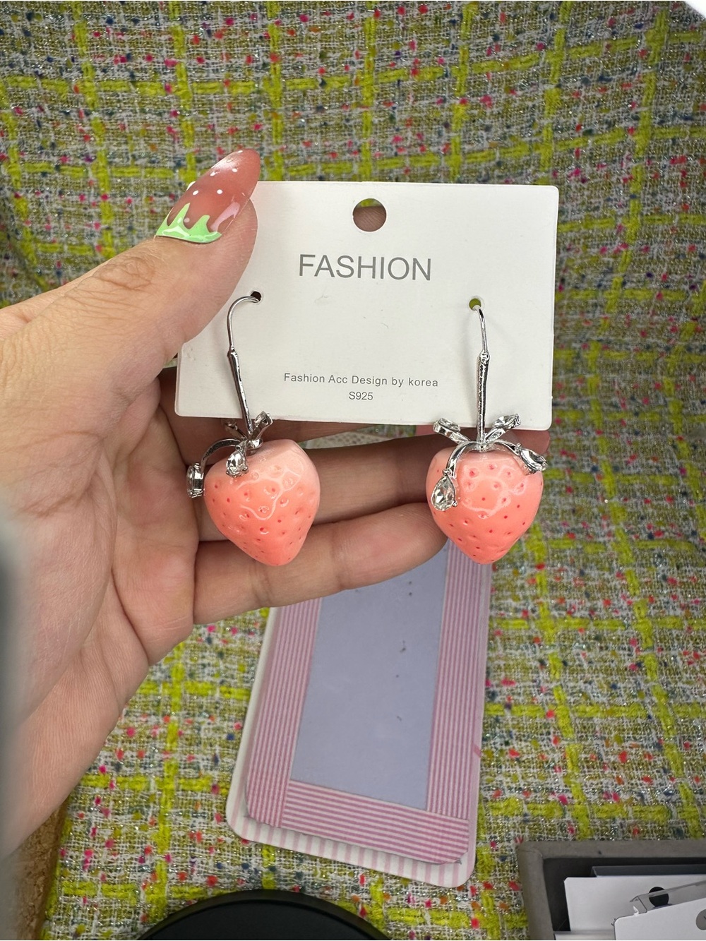 Pink Strawberry Drop Earrings - Cute Fruit Charm Jewelry